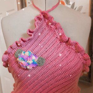 Pink Crochet Vintage handmade halter knit top sz M/L B04